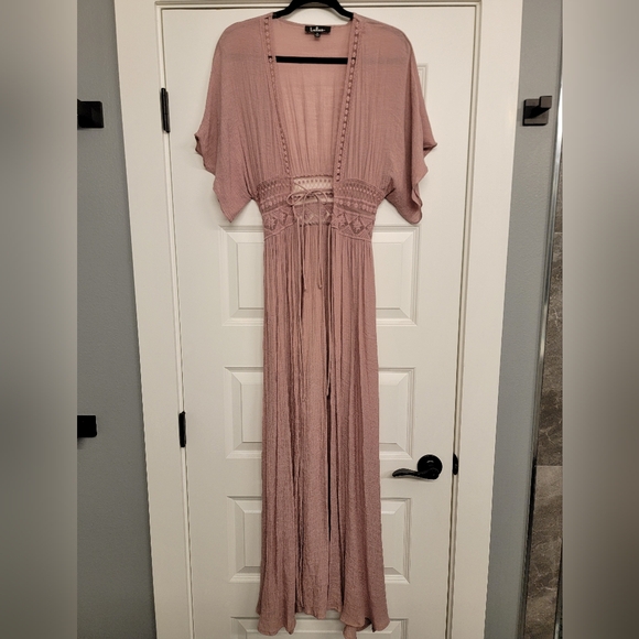 Lulus Mauve Pink Embroidered Maxi Top Cover up Cardigan with Lace - Picture 3 of 8